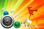 Music Themed Background with Loudspeakers and Breakdancer Silhouette